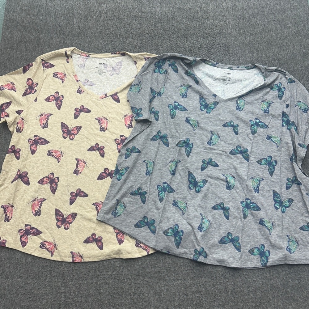 Sonoma Plus The Everyday Tee V-Neck Short Sleeve Shirt 3X Butterfly